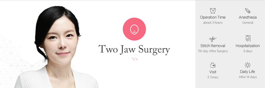 Two Jaw Surgery operation time - about 3 hours / Anesthesia - General / Stitch Removal - 7th day After Surgery / Hospitalization - 3 days / Visit - 3 times / Dailt Life - After 14 days