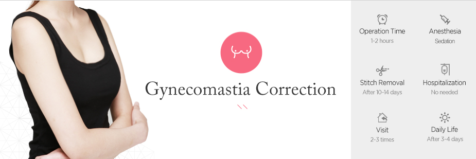 Gynecomastia Correction operation time - 1~2 hours / Anesthesia - sedation / Stitch Removal - After 10~14 days / Hospitalization - No needed / Visit - 2~3 times / Daily Life - After 3~4 days