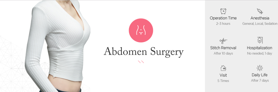 Abdomen Surgery operation time - 2~3 hours / Anesthesia - General, Local, sedation / Stitch Removal - After 10 days / Hospitalization - No needed, 1 day / Visit - 5 times / Daily Life - After 7 weeks